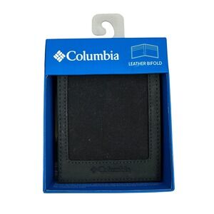 Columbia Mens Black Leather Bifold Wallet RFID Blocking Canvas Inlay Card Holder